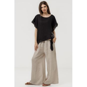 Bluza din in oversize cu funda la spate si volan din matase, neagra