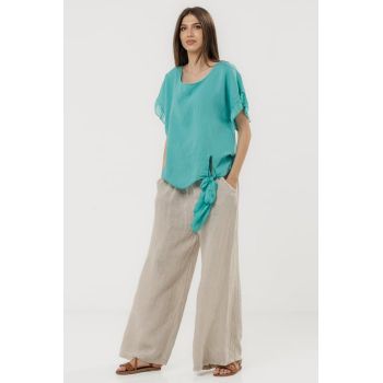 Bluza din in oversize cu funda la spate si volan din matase, turcoaz