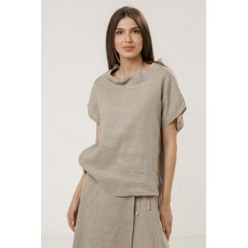 Bluza din in oversize, cu guler inalt si maneci fluture, bej