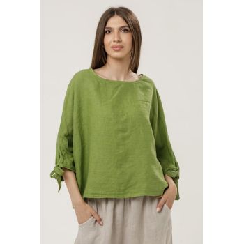 Bluza din in oversize, cu maneci fluture, cu funde, verde olive