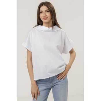 Bluza din poplin de bumbac cu guler intors si maneci scurte, alba
