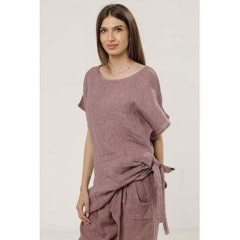 Bluza lunga din in cu colt si funda, roz prafuit inchis