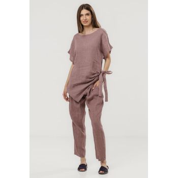 Bluza lunga din in cu colt si funda, roz prafuit inchis