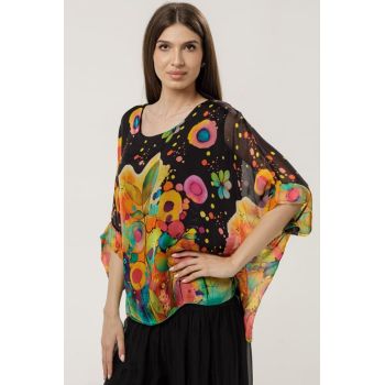 Bluza neagra din matase naturala cu maneca scurta si imprimeu floral-abstract