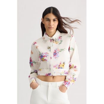 Camasa crop cu model floral si aplicatii cu strasuri