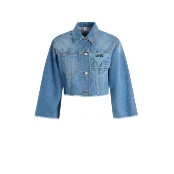 Jacheta crop de denim cu detaliu crosetat