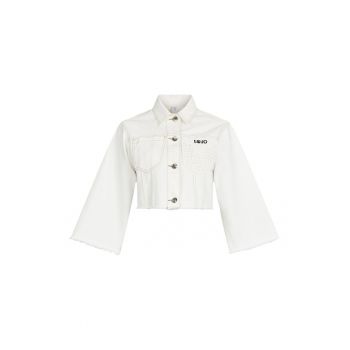 Jacheta crop de denim cu detaliu crosetat