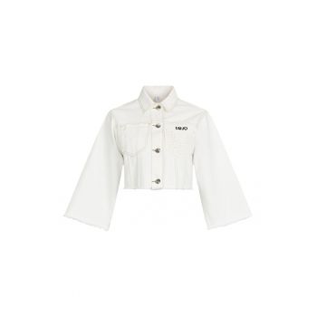 Jacheta crop de denim cu detaliu crosetat