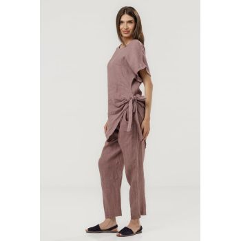 Pantaloni pana din in, cu siret in talie, roz prafuit inchis