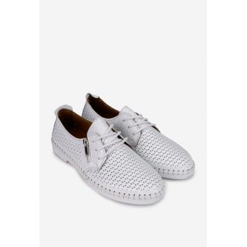 Pantofi dama albi din piele cu model perforat