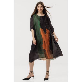 Rochie A-line din material satinat tip matase cu imprimeu tuse picturale abstracte negru-verde-oranj