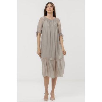 Rochie din matase naturala cu detalii feminine si croiala lejera, bej