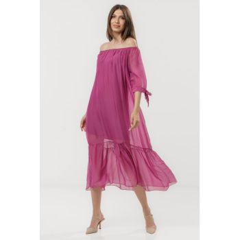 Rochie din matase naturala cu detalii feminine si croiala lejera, magenta