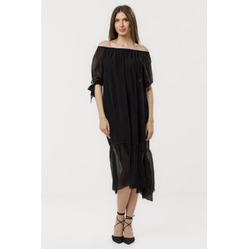 Rochie din matase naturala cu detalii feminine si croiala lejera, neagra