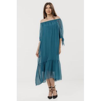 Rochie din matase naturala cu detalii feminine si croiala lejera, turcoaz inchis
