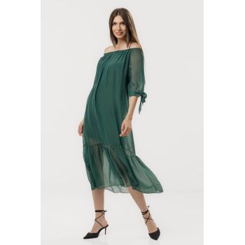 Rochie din matase naturala cu detalii feminine si croiala lejera, verde forest