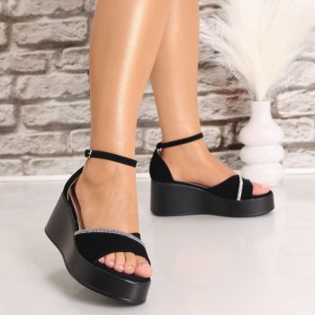 Sandale dama cu platforma Negre din Piele Ecologica Intoarsa Morva