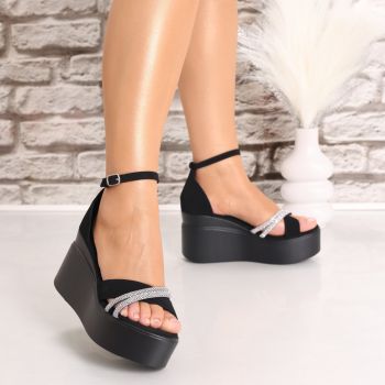 Sandale dama cu platforma Negre din Piele Ecologica Intoarsa Stayna