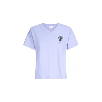 Tricou de bumbac cu decolteu in V si margele