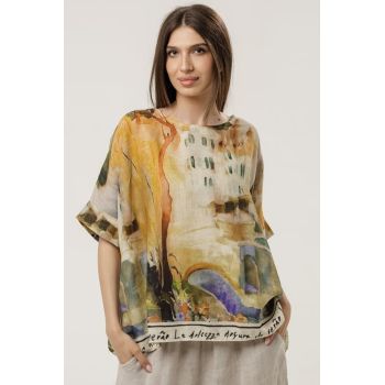Bluza din in cu imprimeu artistic si croi lejer, predominant galben