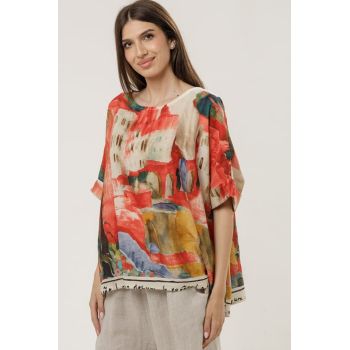 Bluza din in cu imprimeu artistic si croi lejer, predominant rosu