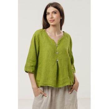 Bluza din in lejera cu nasturi decorativi, verde olive