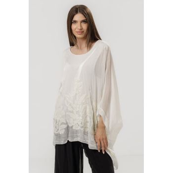 Bluza eleganta din matase naturala cu broderie si paiete fine, alba