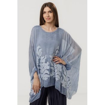Bluza eleganta din matase naturala cu broderie si paiete fine, albastru jeans