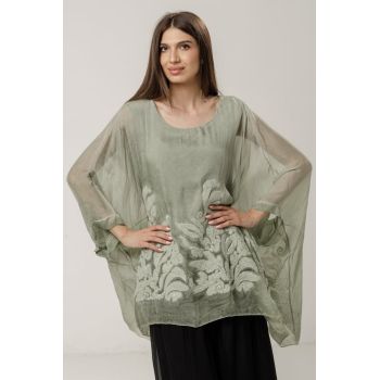Bluza eleganta din matase naturala cu broderie si paiete fine, kaki