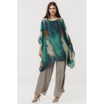 Bluza tunica din matase cu croiala asimetrica si imprimeu abstract pictural