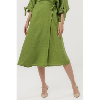 Fusta midi in stil petrecut din in, verde olive