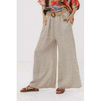 Pantaloni largi de vara, din in bej cu croi lejer si curea din sfoara