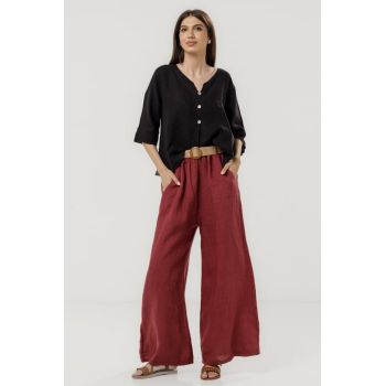 Pantaloni largi de vara, din in bordo cu croi lejer si curea din sfoara