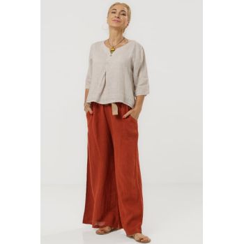 Pantaloni largi de vara, din in cu croi lejer si curea din sfoara, caramizii