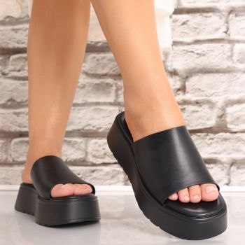 Papuci dama cu platforma Negri din Piele Ecologica Anetta