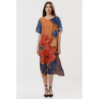 Rochie eleganta satinata A-line cu croiala lejera si imprimeu floral in tonuri de oranj-albastru-rosu