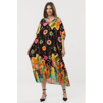 Rochie maxi A-line din vascoza si matase, cu imprimeu artistic si croiala lejera Rochie maxi A-line din vascoza si matase, cu imprimeu artistic si croiala lejera