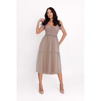 Rochie midi cu croiala in A si bretele cazute pe umeri