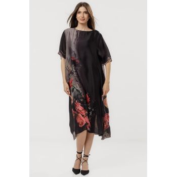 Rochie neagra eleganta satinata A-line cu croiala lejera si imprimeu trandafiri stilizati