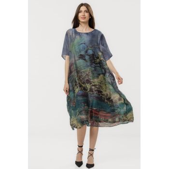 Rochie turcoaz eleganta satinata A-line cu croiala lejera si imprimeu pictural