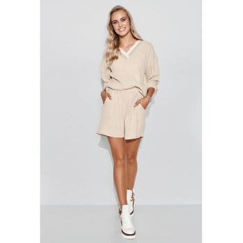 Set de bluza cu decolteu in V si pantaloni scurti - Bej deschis