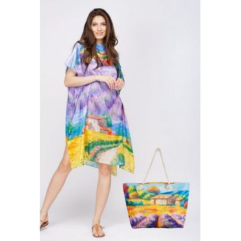 Set rochie tip poncho din matase si geanta mare de vara, imagine cu campuri de lavanda