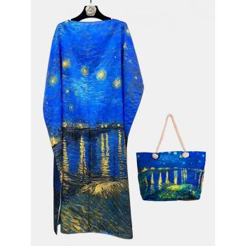 Set rochie tip poncho din matase si geanta mare de vara, reproducere dupa    Noapte Instelata deasupra Rhonului   de Claude Monet