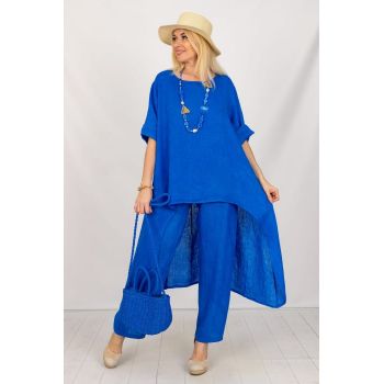 Compleu din in cu bluza tunica mai lunga in spate si pantaloni, albastru electric