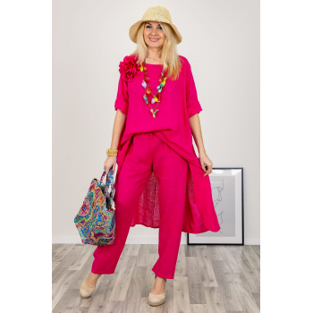 Compleu din in cu bluza tunica mai lunga in spate si pantaloni, fucsia