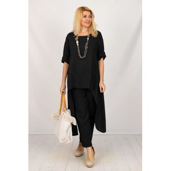 Compleu din in cu bluza tunica mai lunga in spate si pantaloni, negru