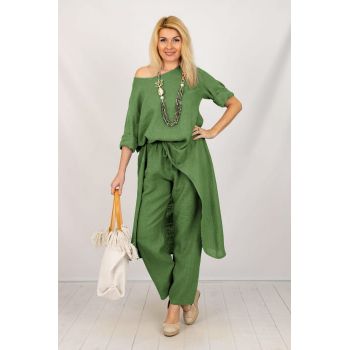 Compleu din in cu bluza tunica mai lunga in spate si pantaloni, verde olive