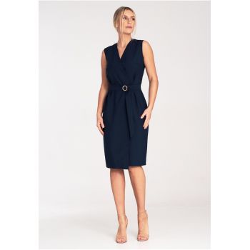 Rochie midi  bleumarin - cu centura - eleganta - poliester