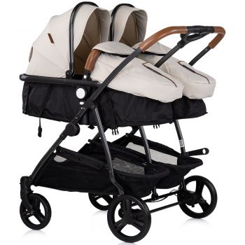 Carucior gemeni Chipolino Duo Smart 3 in 1 biscotta, Cadru aluminiu, pliere compacta, Suspensii si frana, Spartar reglabil, accesorii incluse