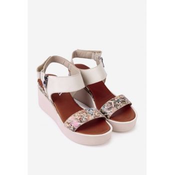 Sandale dama bej din piele naturala cu imprimeu multicolor